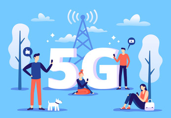 Mobile 5g connection. People with smartphones use high speed internet, fifth generation network and coverage zone vector illustration