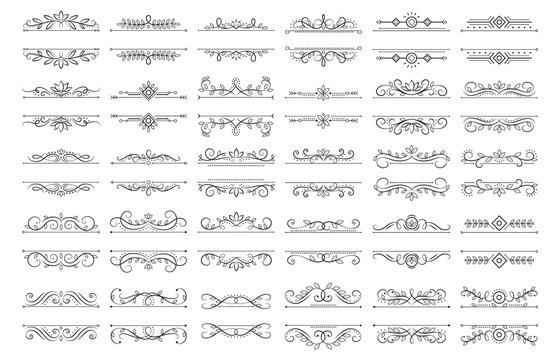 Vintage calligraphic dividers. Ornate swirl divider, ornamental curls frames and ornate decor frame template vector set