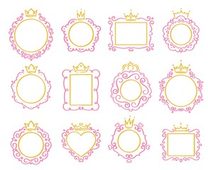 Princess frame. Cute crown border, royal mirror frames and majestic prince doodle borders isolated vector set © Tartila