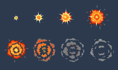 Cartoon explosion animation. Exploding effect frames, animated shot explode with smoke clouds vector illustration set