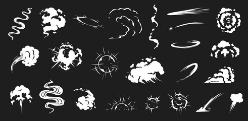 Comic smoke. Smoke puffs vfx, energy explosion effect and cartoon blast vector illustration set © Tartila