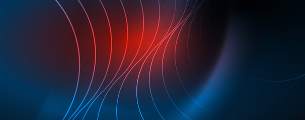 Trendy neon blue abstract design with waves and circles. Neon light glowing effect. Abstract digital background.
