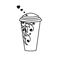 Cup of coffee with black heart, floral flower border. Vector paper cup of tea. Plastic hot drink glass. Container juice takeaway paper cup on white background for menu, bar, card, cafe, logo, icon