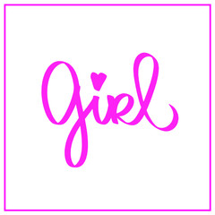 Girl word, little pink heart. Woman feminism sign. For print, logo, kids wear, fashion, textile, books, social media card, video blog cover. Vector illustration. Graphic design typography element.