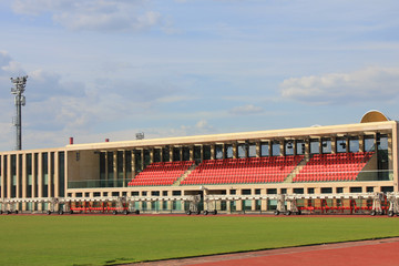 Obraz premium Football field bleachers on small city stadium 