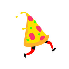 Illustration of a running slice of pizza. Vector. Character for pizzeria and fast food. A cute hero for your startup.