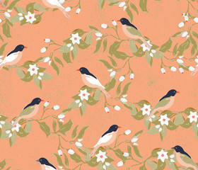 Little birds on the blossom orange trees, peach color background, vector illustration