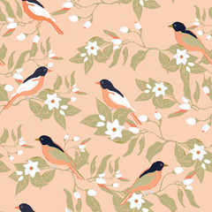 Birds on the blossoming orange trees, peach color background, vector illustration