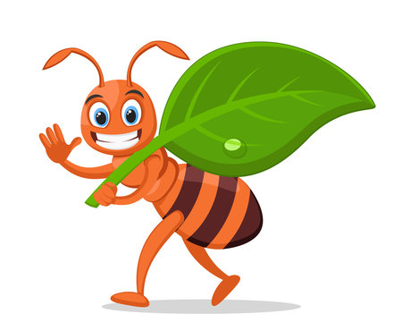 Ant carries a green leaf, smiling and waving on a white. Character