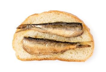 Sprats fish on a piece of bread, sandwich on a white. The form of the top.