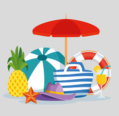 umbrella with pineapple and purse with hat and beverages