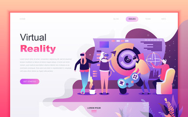 Modern flat cartoon design concept of Virtual Augmented Reality for website and mobile app development. Landing page template. Decorated people character for web page or homepage. Vector illustration.