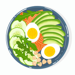 Buddha bowl with avocado, salmon, cucumber, boiled eggs, chickepeas, rucola, top view, isolated on background. Healthy clean balanced natural vegetarian detox meal. Vector illustration. - 270978025