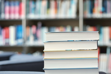 Stack of books in a library.