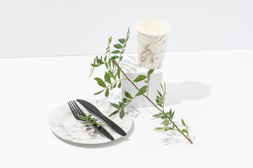 Recyclable paper tableware and cornstarch cutlery over white background