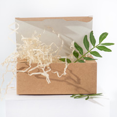 Disposable, recyclable paper box in the right side over white background