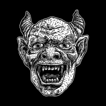 Devil head with big demon horns or antlers and sharp fangs. Satan or Lucifer fallen angel depiction. Gargoyle human like chimera fantastic beast creature with dark scary face. Vector.