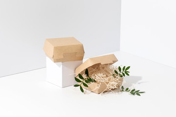 Disposable, recyclable paper hot food boxes in the corner over white background