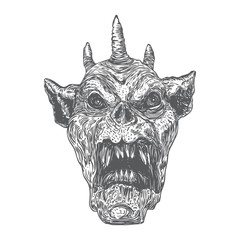 Devil head with big demon horns or antlers and sharp fangs. Satan or Lucifer fallen angel depiction. Gargoyle human like chimera fantastic beast creature with dark scary face. Vector.