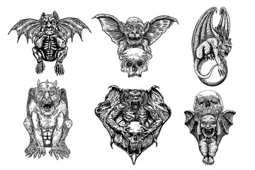 Set of mythological ancient gargoyle creatures, human and dragon like chimera with bat wings and horns. Mythical gargouille with fangs and claws. Engraved hand drawn sketch. Vector.