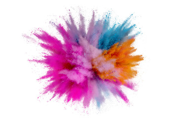Obraz na płótnie Canvas Colored powder explosion on a white background. Abstract closeup dust on backdrop. Colorful explode. Paint holi