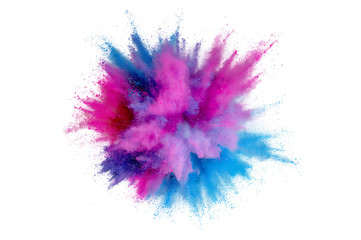 Colored powder explosion on a white background. Abstract closeup dust on backdrop. Colorful...