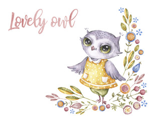 Cute watercolor owl in childish style