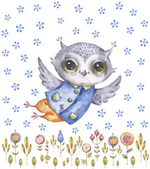 Cute aquarelle owl and wildflowers, childish style
