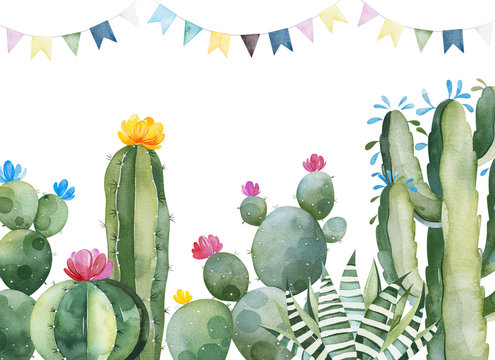 Party Invitation With Green Watercolor Cactus,succulents,flowers And Multicolored Garlands.Birthday Card.Perfect For Your Project,wedding,print,baby Shower,bridal,template,invite And More.