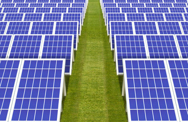 3d rendering. electric energy generator system, solar cells panels field farm industry on green grass land background.