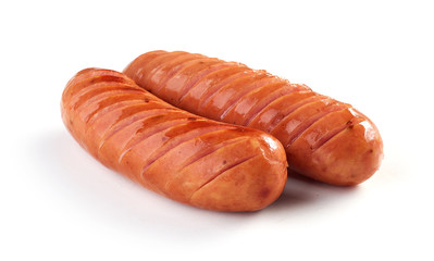 grilled sausages on white background