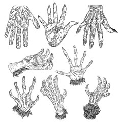 Halloween engraving drawings set of monsters hands, werewolf, witch, zombie, dragon, and vampire hands isolated on white background. Vector.