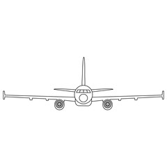 Simple black and white vector illustration of jet airplane, front view