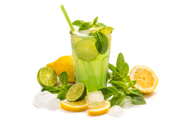 Fruit cocktail. Lime and lemon drink in a glass with mint