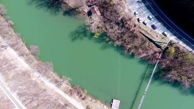 Aerial view of canyon of river West Morava (Serbian - Zapadna Morava) in Serbia Ovcar and Kablar region with beautiful green or turquoise color of water and rocky mountains view from above 