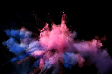 Fantastic forms of powder paint and flour combined  together explode in front of a black background to give off fantastic  color explosions in bizarre multi colored cloud forms.