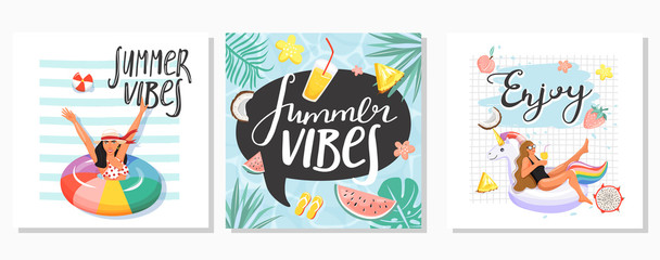 Fototapeta na wymiar Set of summer greeting cards. Women floating on inflatable ring in swimming pool. Summer rest and vacation concept with fruit, flower, cocktail, leaves and lettering. Vector illustration.