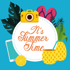 label of fruits and flip-flop with tropical leaves