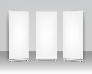 Collection Roll Up Banners Set Isolated Grey Background