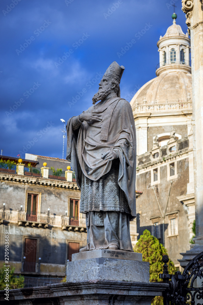 Poster Statue in front of Catania Cathedral in Catania on the island of Sicily, Italy