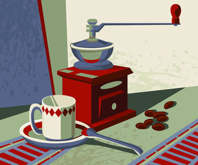 Coffee grinder artwork. Cup and coffee seeds