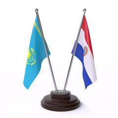 Kazakhstan and Paraguay, two table flags isolated on white background. 3d image