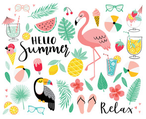 Set of cute summer icons. Hand drawn vector illustration.  Flamingo, toucan, tropical palm leaves, fruits, food, drinks. Summertime poster, scrapbooking elements.  - 270986852