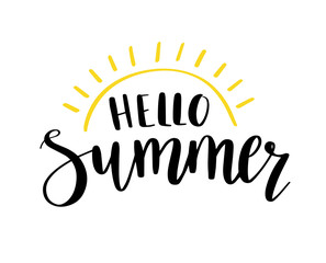 Hello Summer with doodle sun. Hand drawn lettering. Summertime phrase, quote. Poster, card, design element.