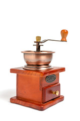 Retro wooden coffee grinder on white background.