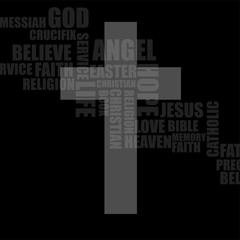 Cross of religious words. Christian Symbol. Vector