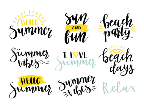 Summer hand lettering quotes. Summer labels, logos, tags, hand drawn elements. Modern brush calligraphy. Hello Summer, beach party, beach days, sun fun, relax.