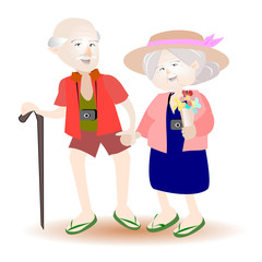 Elderly couples traveling.Flat cute cartoon character on white isolated background. Illustration of people face smiling and laughing.Activities for seniors.Life to be happy.