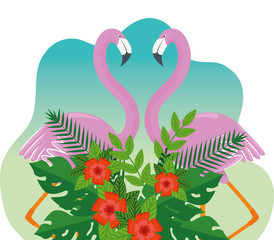 Obraz na płótnie Canvas tropical flamingos with exotic flowers and leaves
