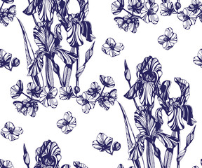 Vector Iris flowers seamless pattern. Hand drawn ink illustration. Wallpaper or fabric design vector illustration